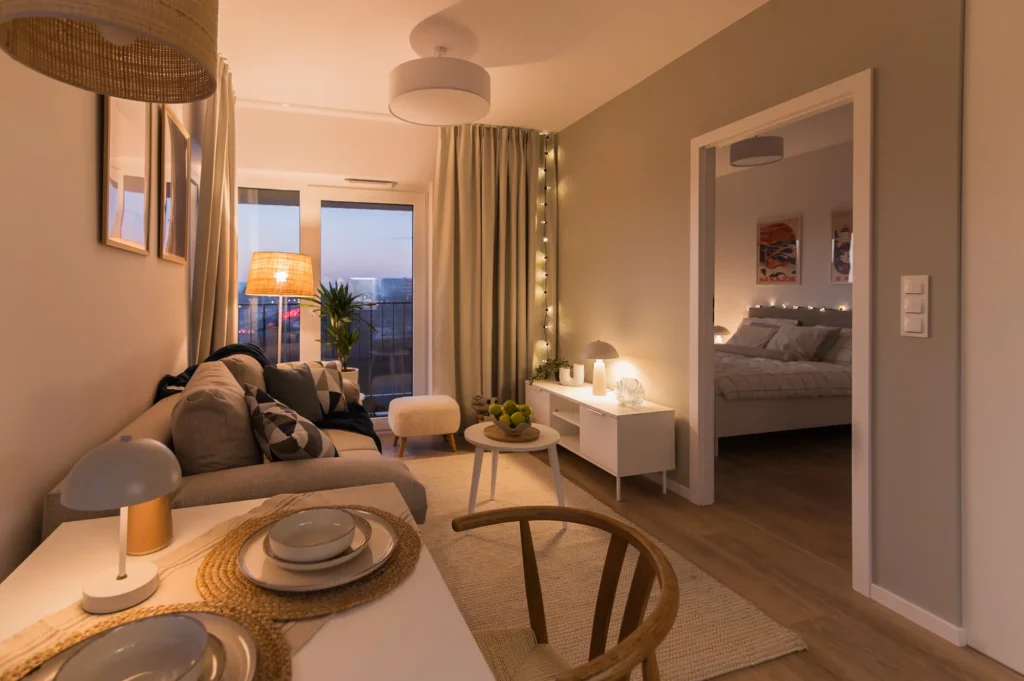 Dwupokojowe mieszkanie w Poznaniu z klimatycznym, ciepłym oświetleniem.